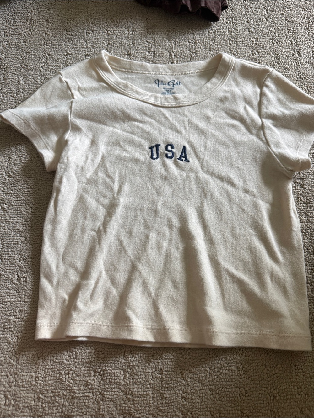Brandy Melville Cream Short Sleeve Tee with Navy USA Embroidery